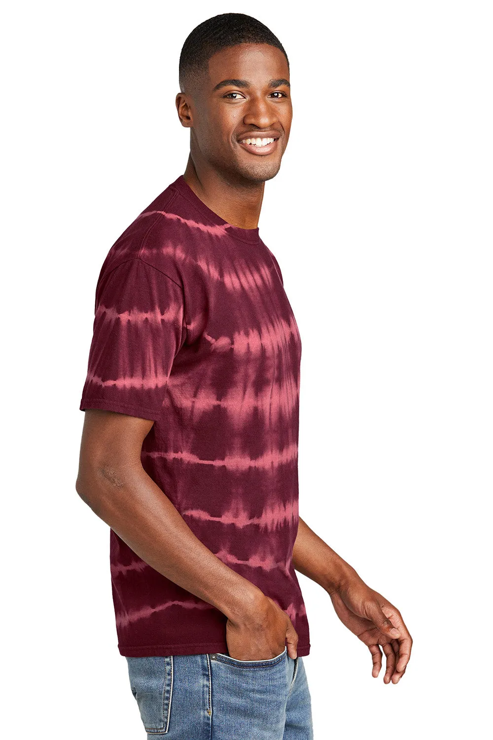Port & Company Mens Allover Stripe Tie-Dye Short Sleeve Crewneck T-Shirt - Merlot/Burgundy