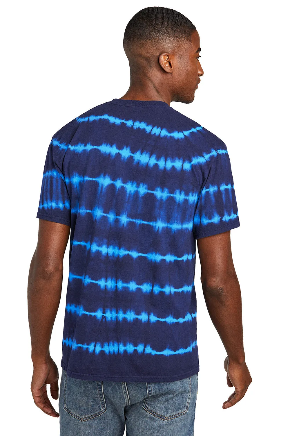 Port & Company Mens Allover Stripe Tie-Dye Short Sleeve Crewneck T-Shirt - Turquoise Blue/Team Navy Blue