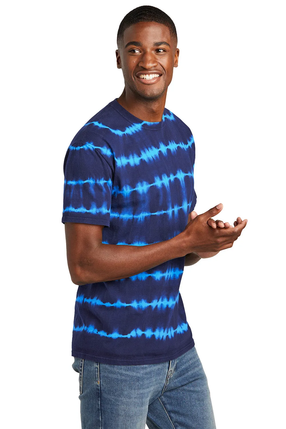 Port & Company Mens Allover Stripe Tie-Dye Short Sleeve Crewneck T-Shirt - Turquoise Blue/Team Navy Blue