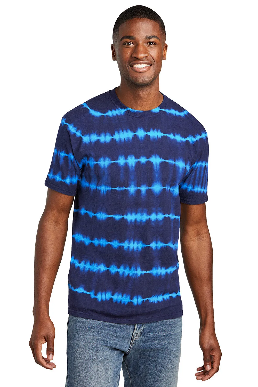 Port & Company Mens Allover Stripe Tie-Dye Short Sleeve Crewneck T-Shirt - Turquoise Blue/Team Navy Blue
