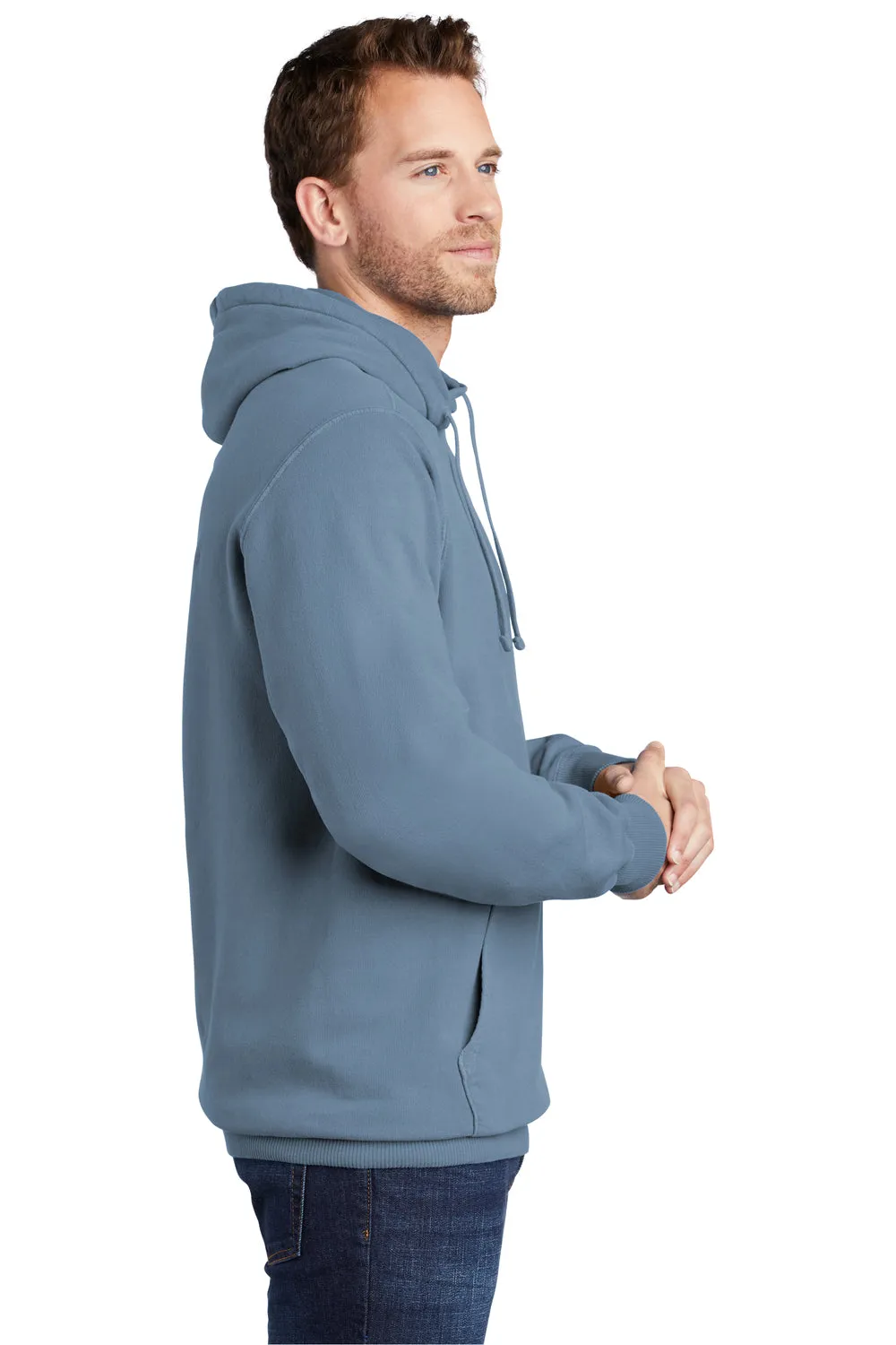 Port & Company Mens Beach Wash Fleece Hooded Sweatshirt Hoodie w/ Pouch Pocket - Denim Blue