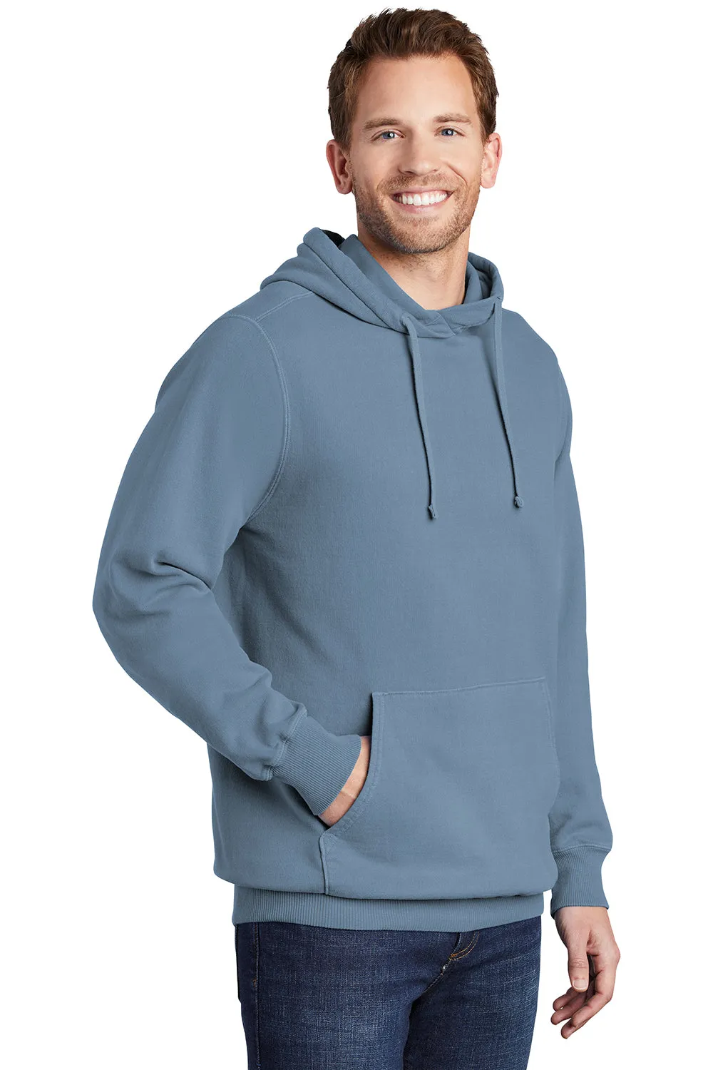 Port & Company Mens Beach Wash Fleece Hooded Sweatshirt Hoodie w/ Pouch Pocket - Denim Blue