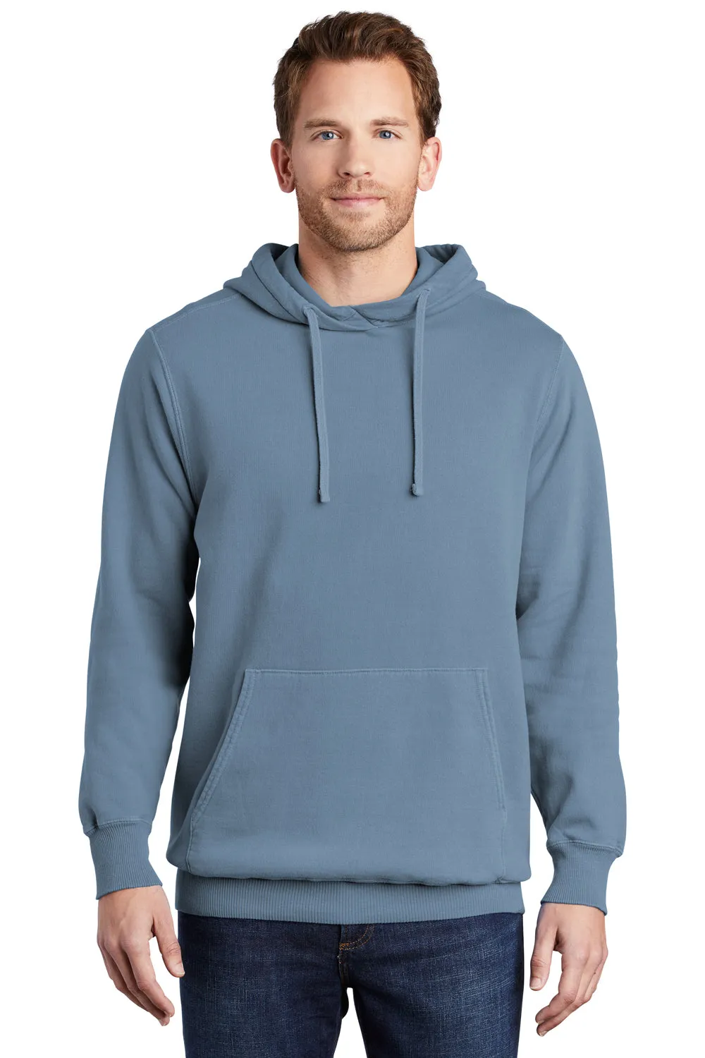 Port & Company Mens Beach Wash Fleece Hooded Sweatshirt Hoodie w/ Pouch Pocket - Denim Blue