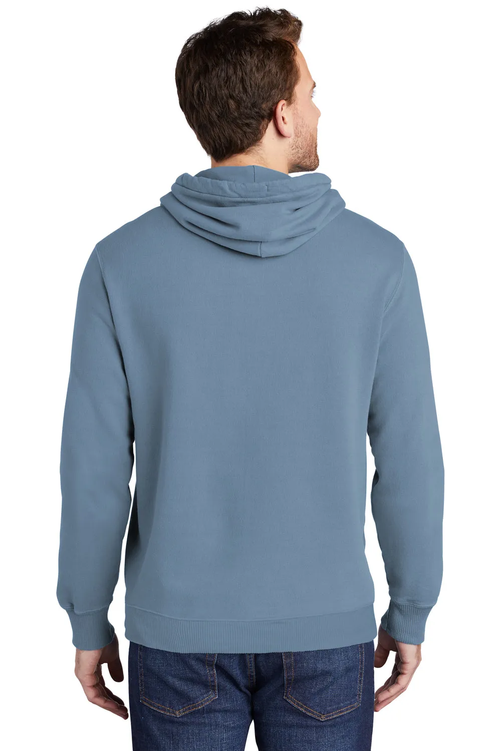 Port & Company Mens Beach Wash Fleece Hooded Sweatshirt Hoodie w/ Pouch Pocket - Denim Blue