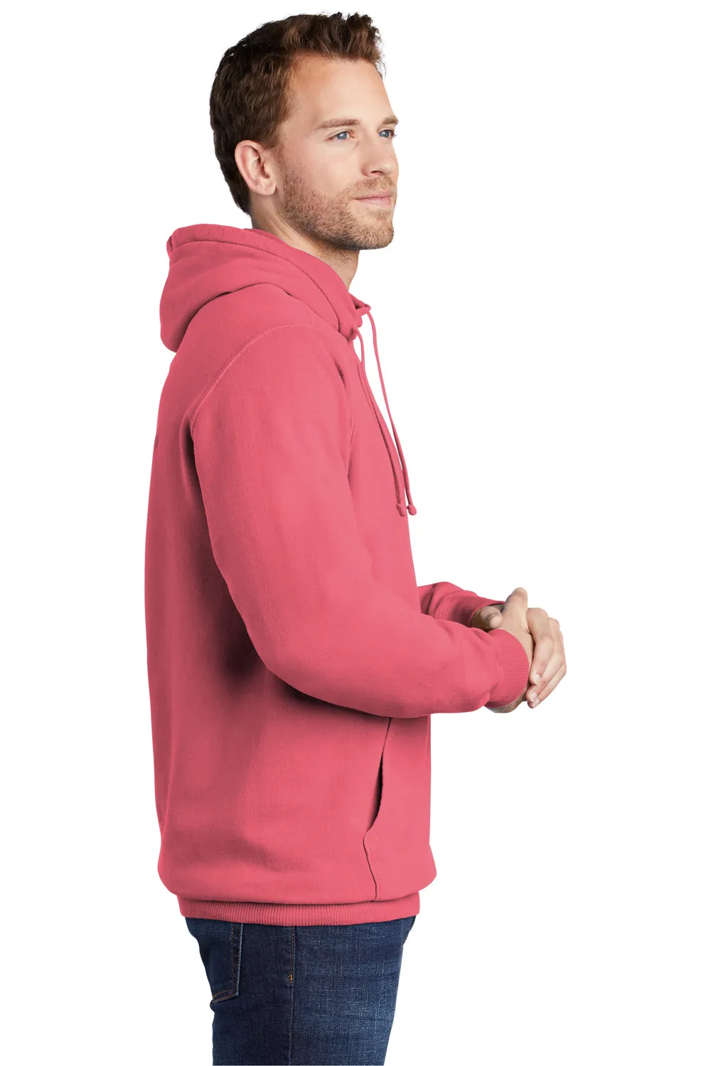 Port & Company Mens Beach Wash Fleece Hooded Sweatshirt Hoodie w/ Pouch Pocket - Fruit Punch Pink
