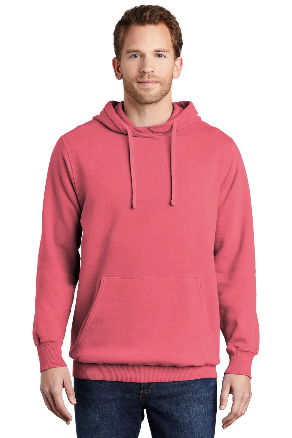 Port & Company Mens Beach Wash Fleece Hooded Sweatshirt Hoodie w/ Pouch Pocket - Fruit Punch Pink