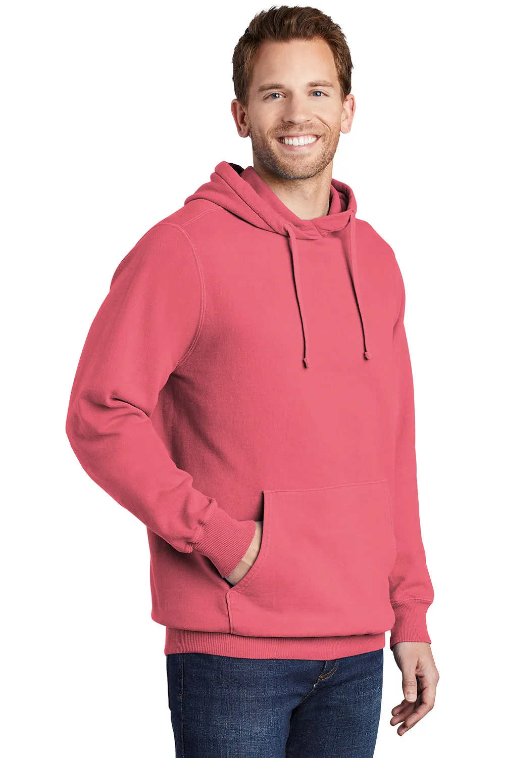 Port & Company Mens Beach Wash Fleece Hooded Sweatshirt Hoodie w/ Pouch Pocket - Fruit Punch Pink