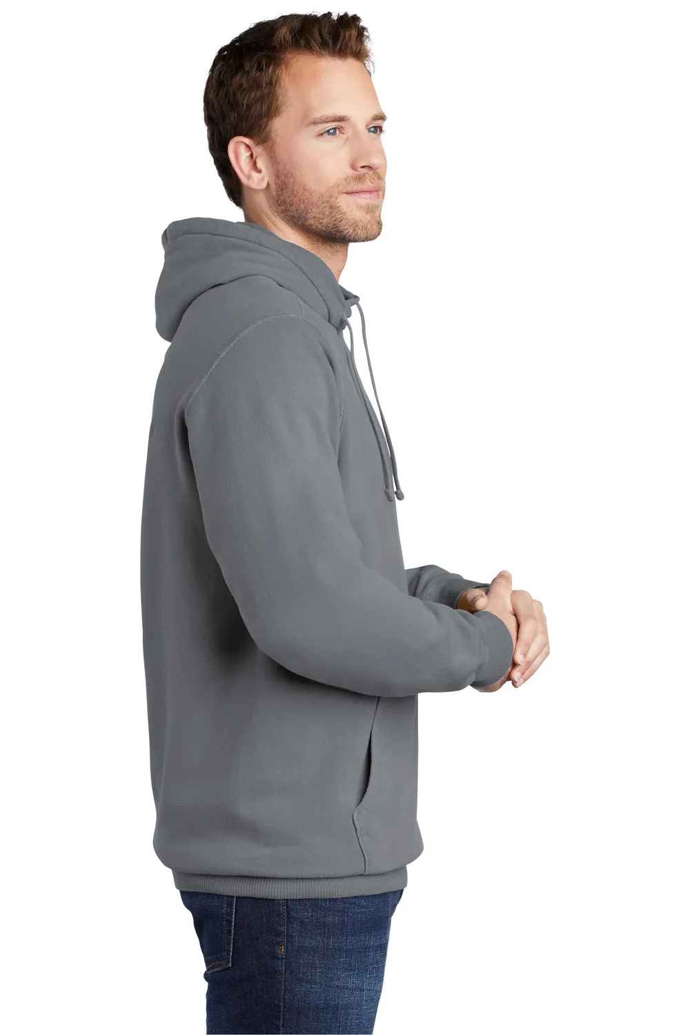 Port & Company Mens Beach Wash Fleece Hooded Sweatshirt Hoodie w/ Pouch Pocket - Pewter Grey