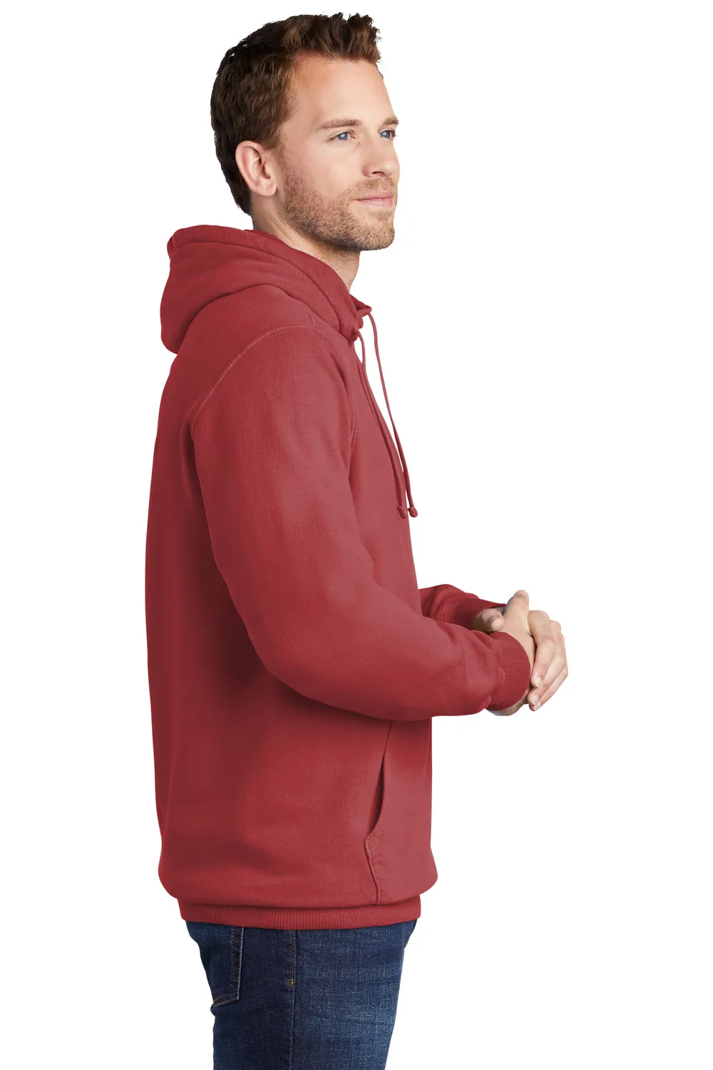 Port & Company Mens Beach Wash Fleece Hooded Sweatshirt Hoodie w/ Pouch Pocket - Rock Red