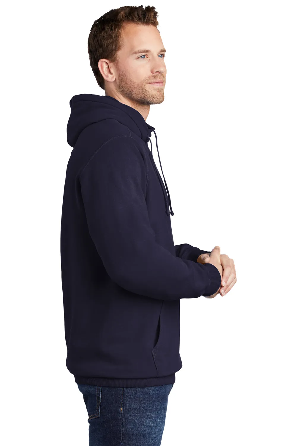 Port & Company Mens Beach Wash Fleece Hooded Sweatshirt Hoodie w/ Pouch Pocket - True Navy Blue