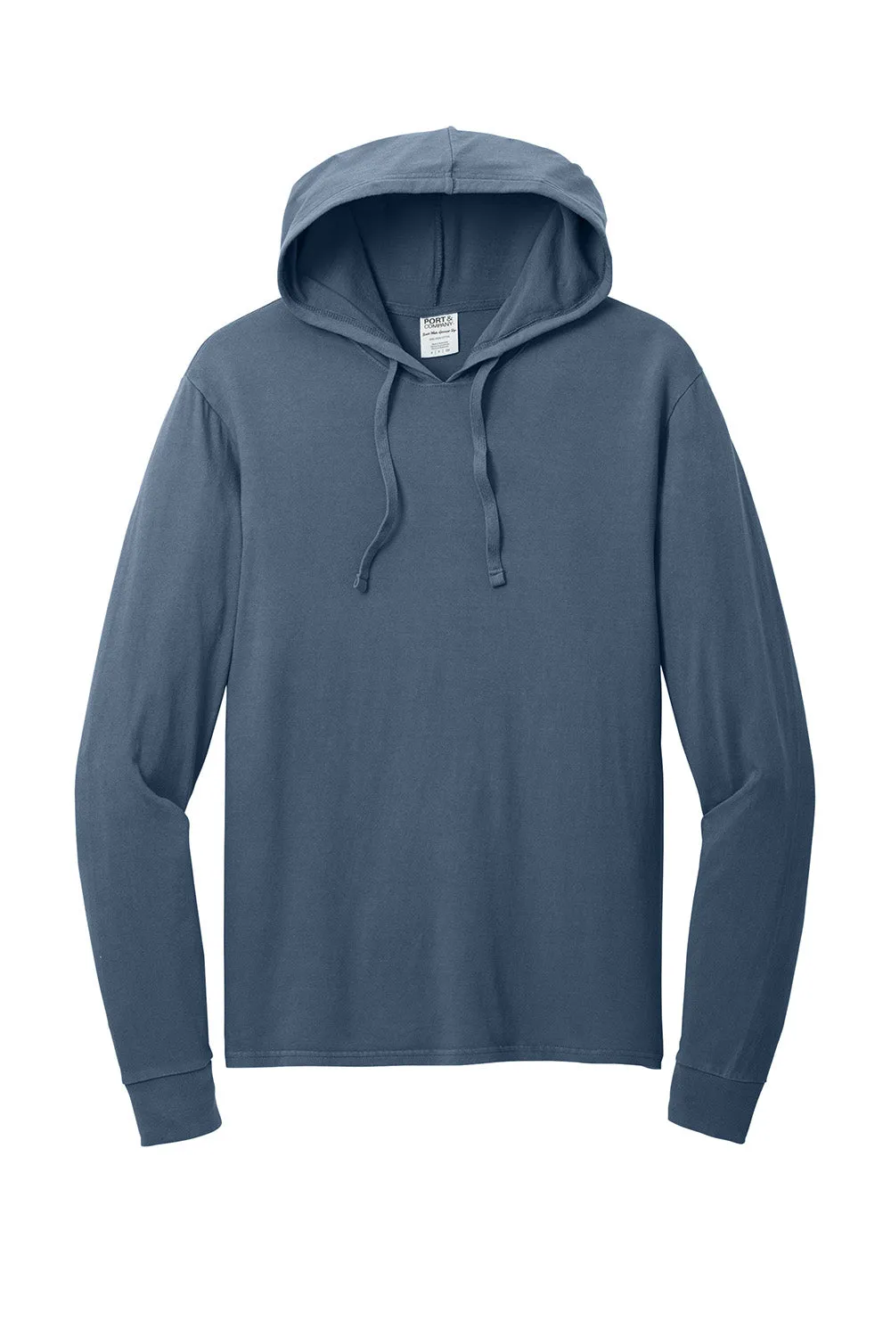 Port & Company Mens Beach Wash Garment Dyed Long Sleeve Hooded T-Shirt Hoodie - Denim Blue