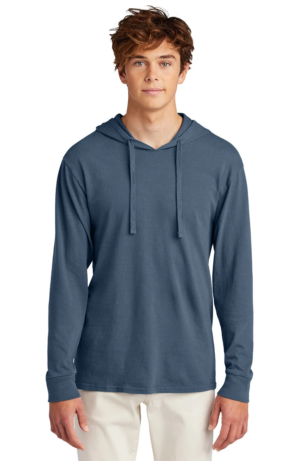 Port & Company Mens Beach Wash Garment Dyed Long Sleeve Hooded T-Shirt Hoodie - Denim Blue