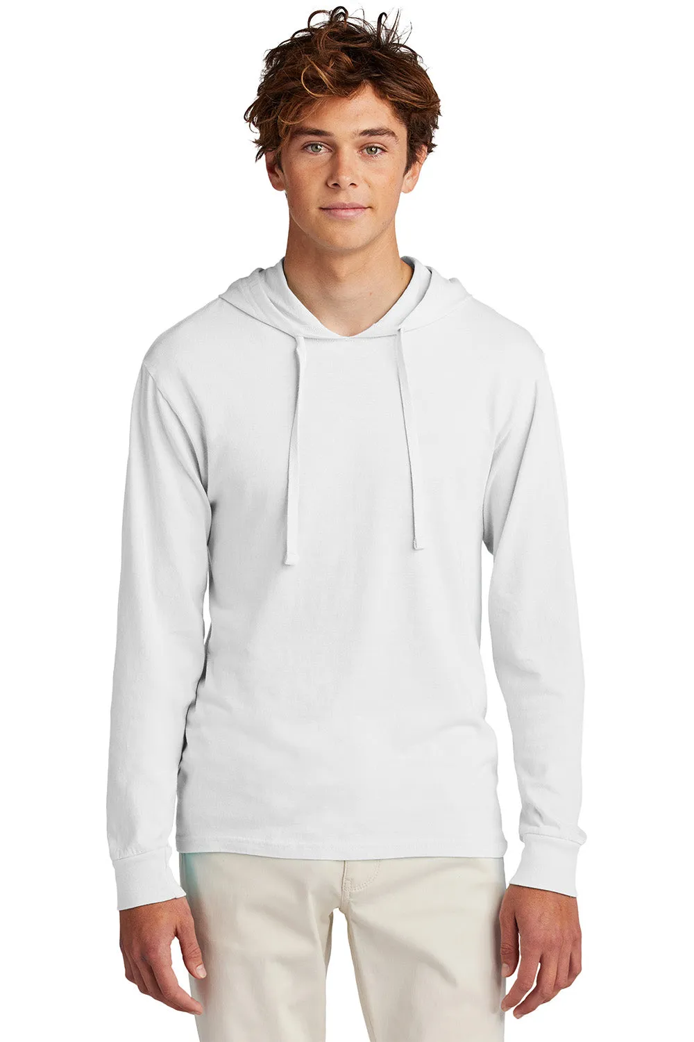 Port & Company Mens Beach Wash Garment Dyed Long Sleeve Hooded T-Shirt Hoodie - White