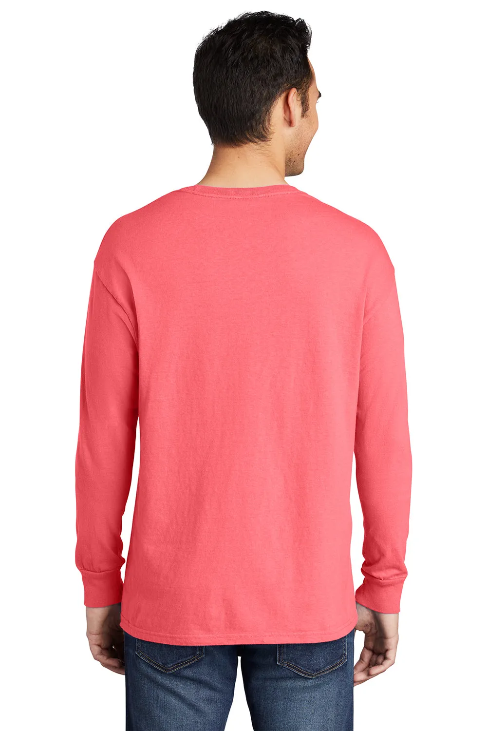 Port & Company Mens Beach Wash Long Sleeve Crewneck T-Shirt - Neon Coral
