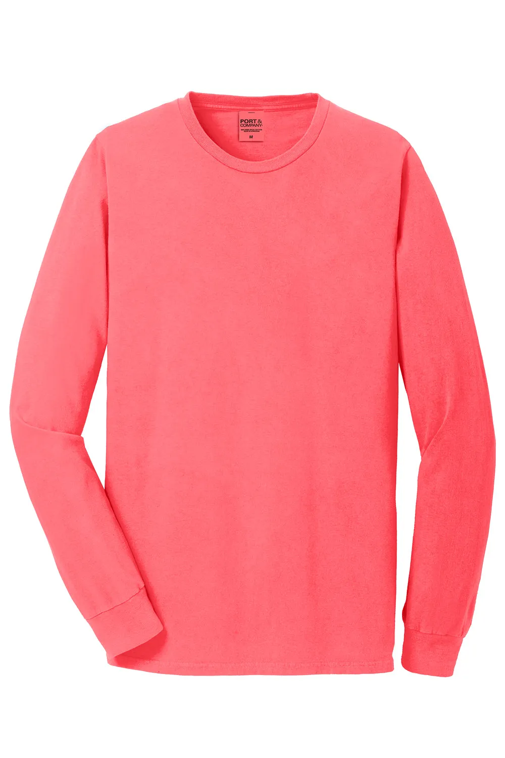 Port & Company Mens Beach Wash Long Sleeve Crewneck T-Shirt - Neon Coral