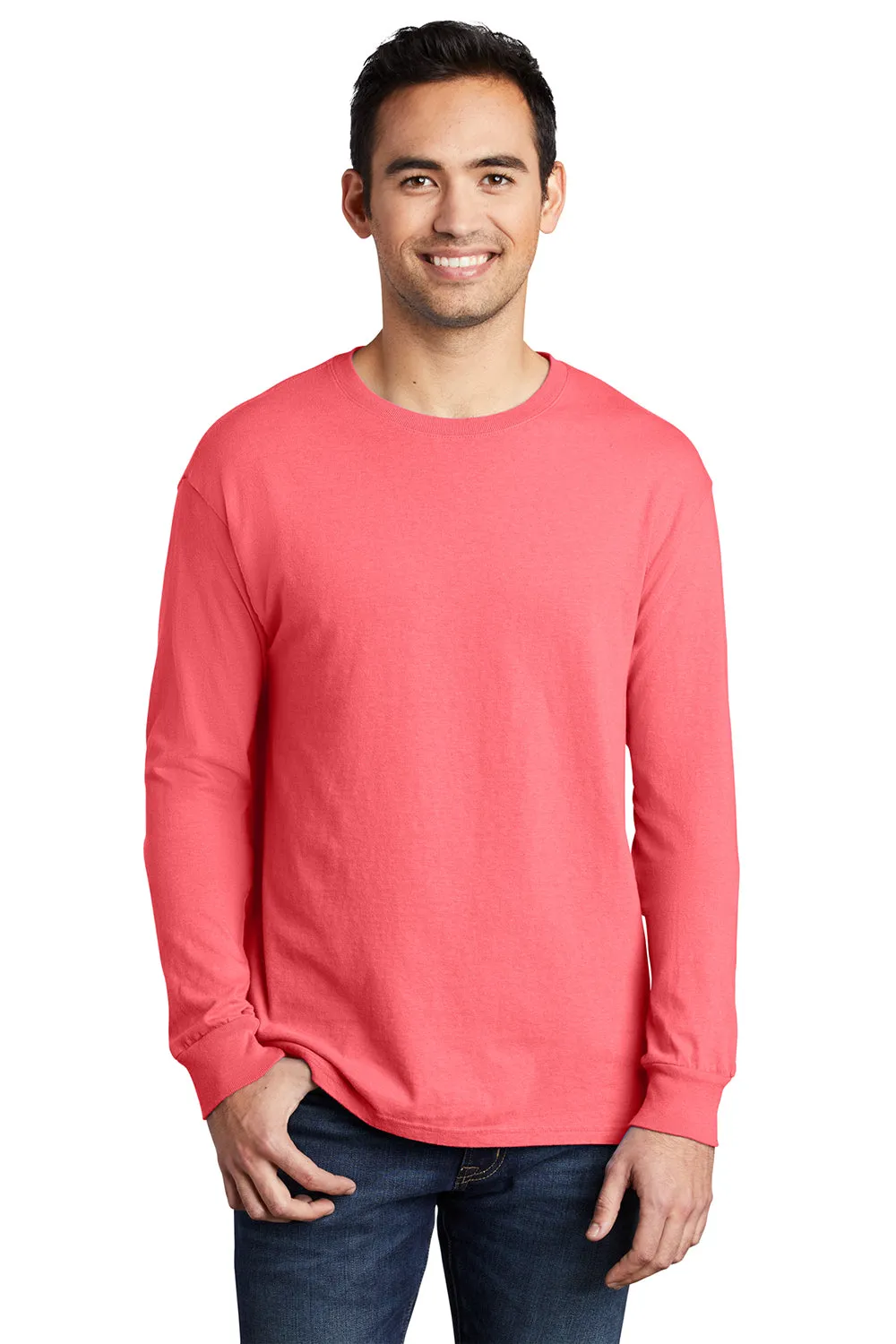 Port & Company Mens Beach Wash Long Sleeve Crewneck T-Shirt - Neon Coral