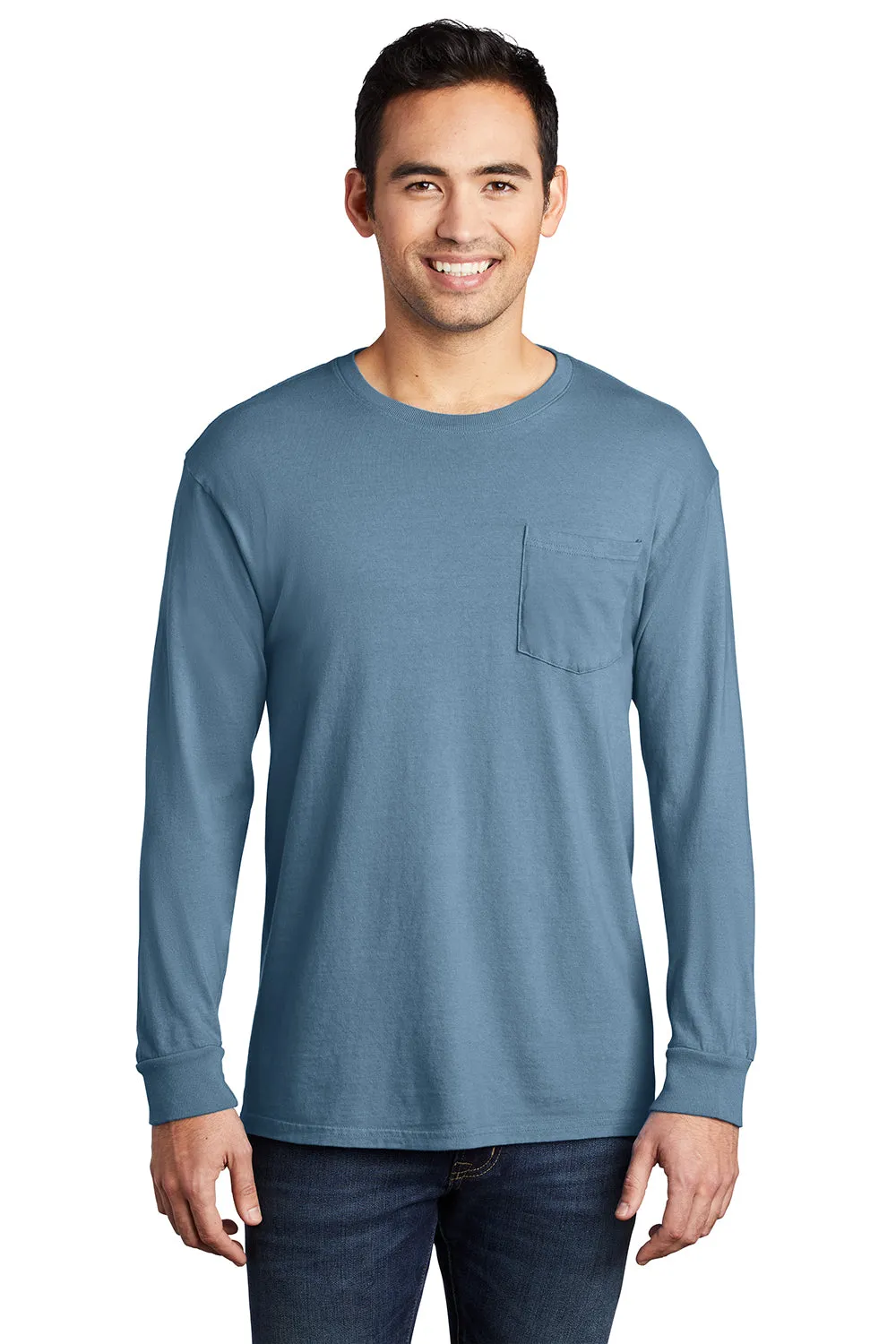 Port & Company Mens Beach Wash Long Sleeve Crewneck T-Shirt w/ Pocket - Mist Blue - Closeout