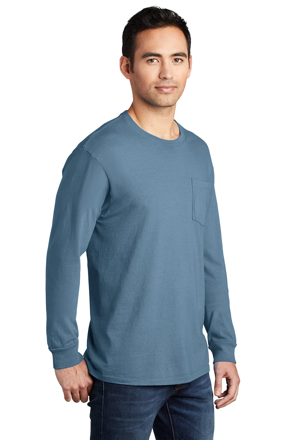 Port & Company Mens Beach Wash Long Sleeve Crewneck T-Shirt w/ Pocket - Mist Blue - Closeout
