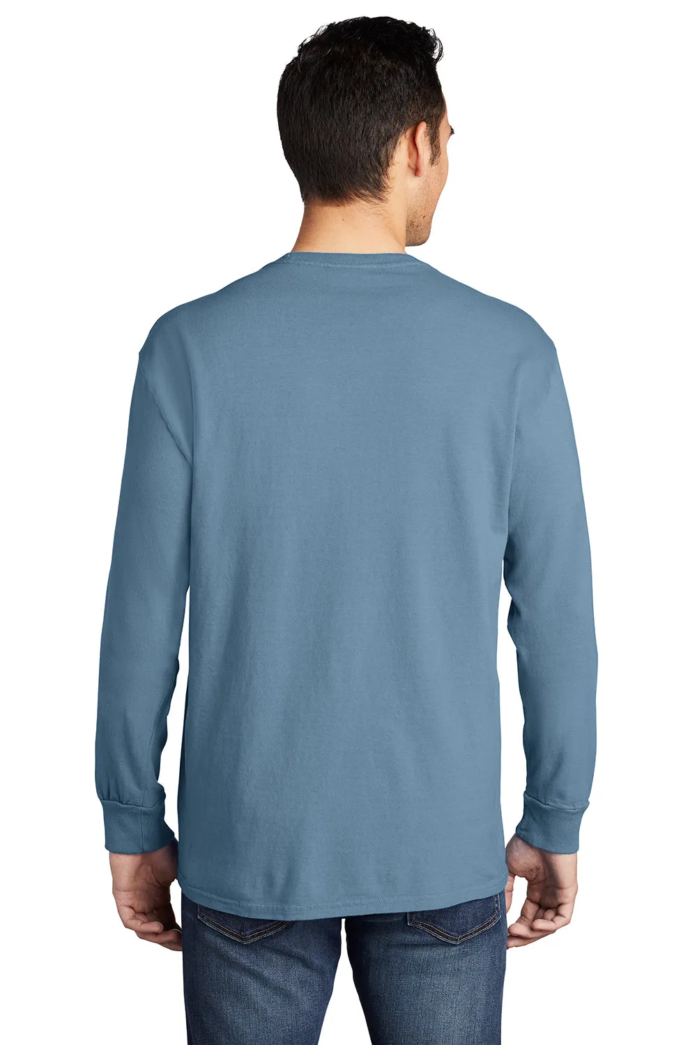 Port & Company Mens Beach Wash Long Sleeve Crewneck T-Shirt w/ Pocket - Mist Blue - Closeout