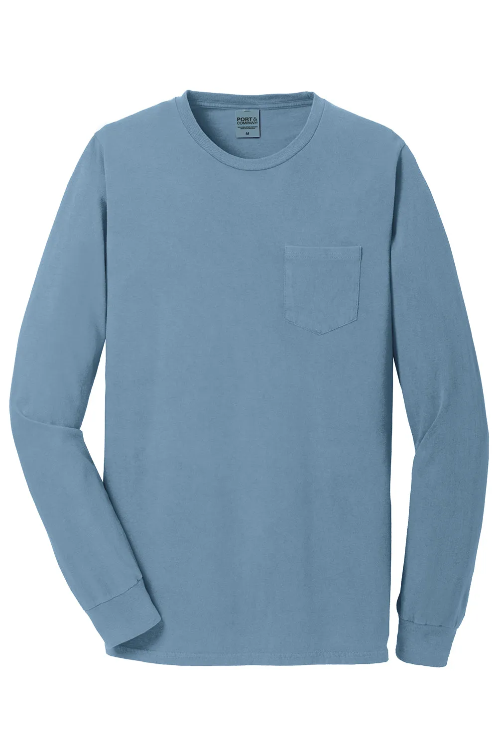 Port & Company Mens Beach Wash Long Sleeve Crewneck T-Shirt w/ Pocket - Mist Blue - Closeout