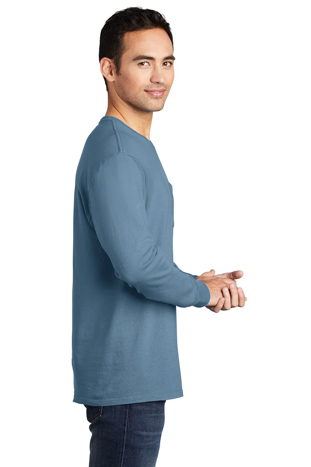 Port & Company Mens Beach Wash Long Sleeve Crewneck T-Shirt w/ Pocket - Mist Blue - Closeout