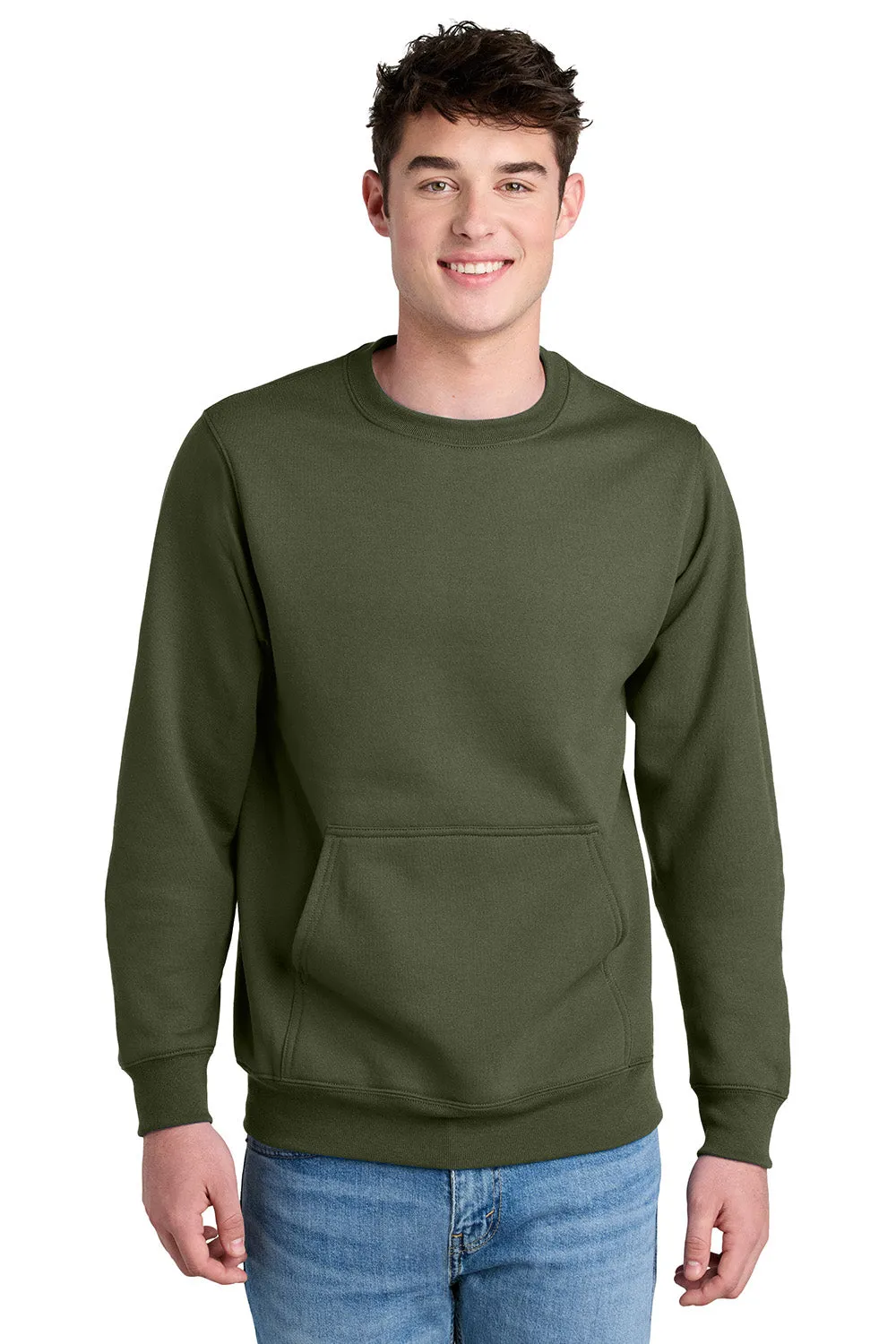 Port & Company Mens Core Fleece Crewneck Sweatshirt w/ Pouch Pocket - Olive Drab Green