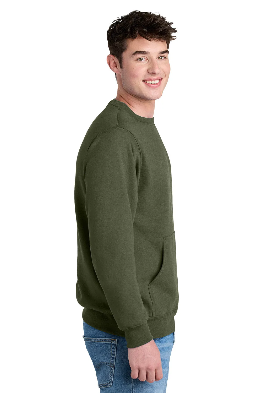 Port & Company Mens Core Fleece Crewneck Sweatshirt w/ Pouch Pocket - Olive Drab Green