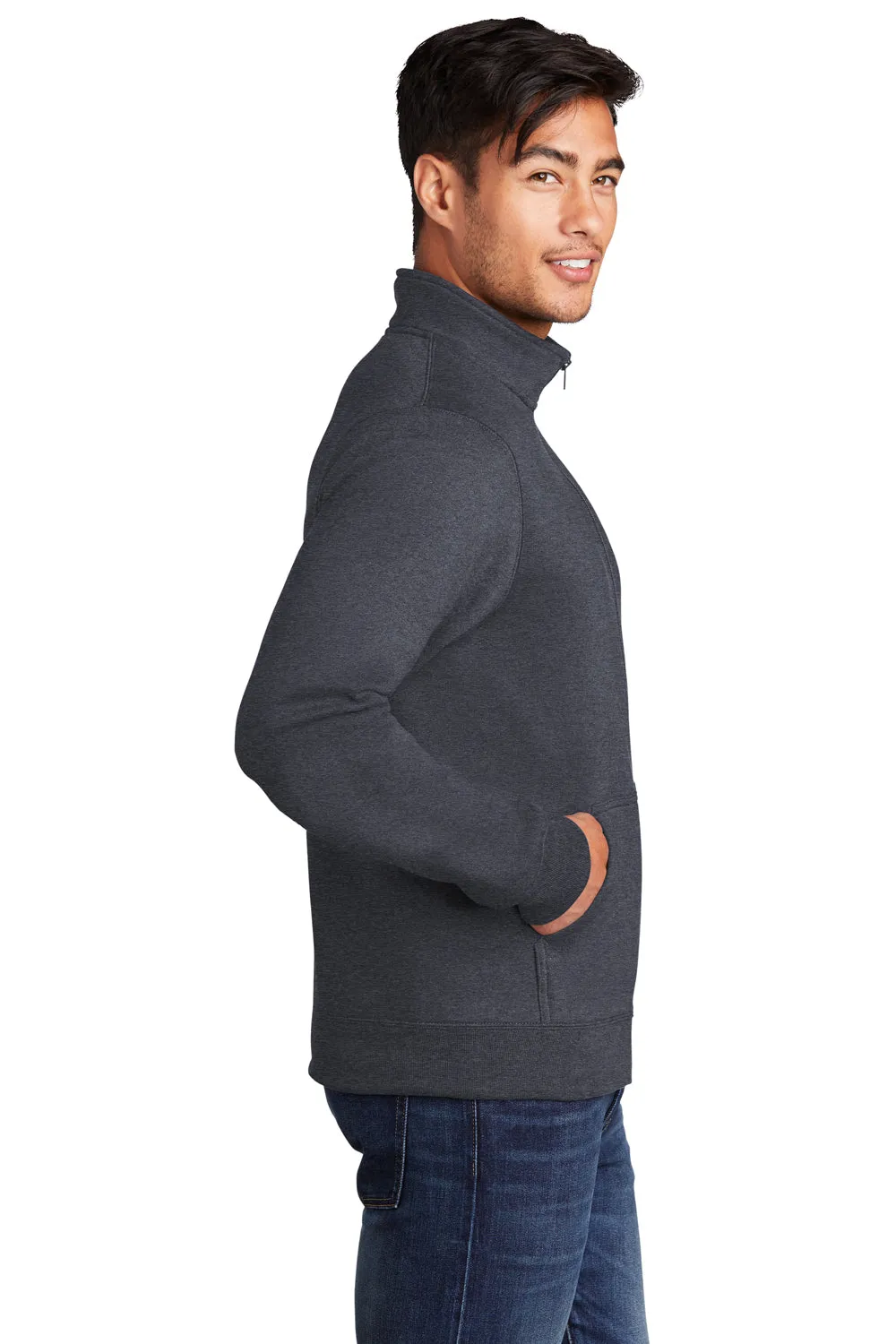Port & Company Mens Core Fleece Full Zip Sweatshirt w/ Pockets - Heather Navy Blue