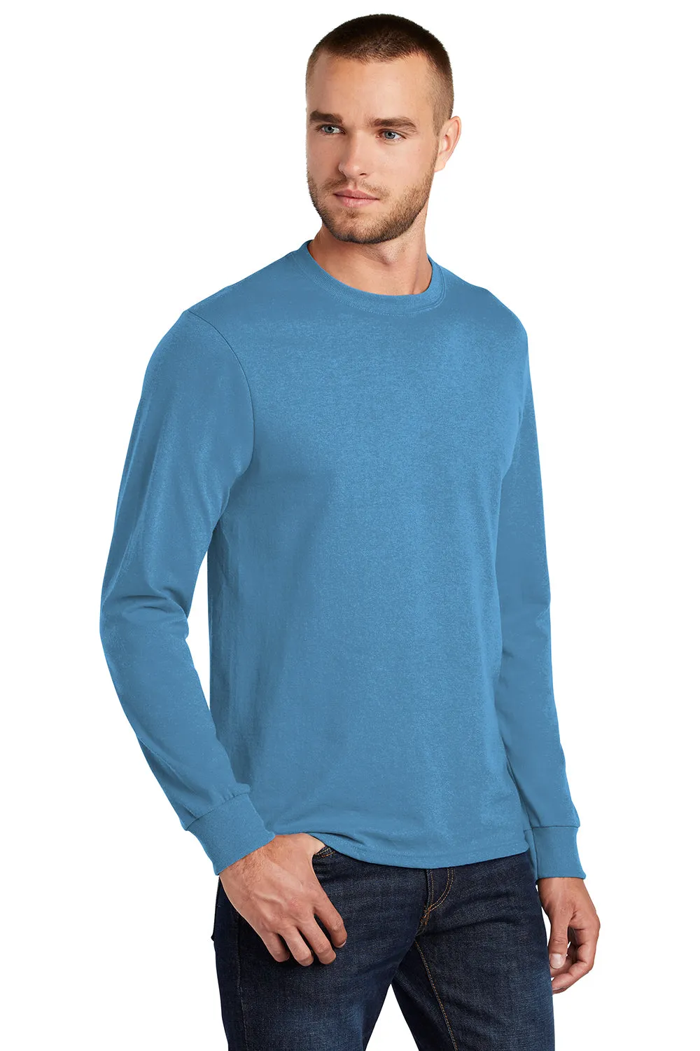 Port & Company Mens Core Long Sleeve Crewneck T-Shirt - Aquatic Blue