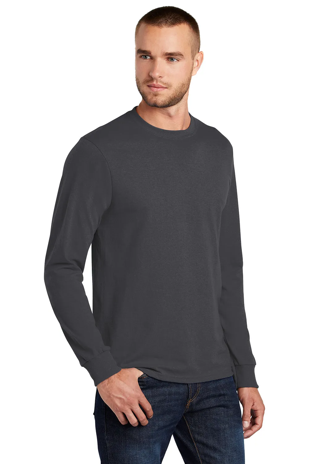 Port & Company Mens Core Long Sleeve Crewneck T-Shirt - Charcoal Grey