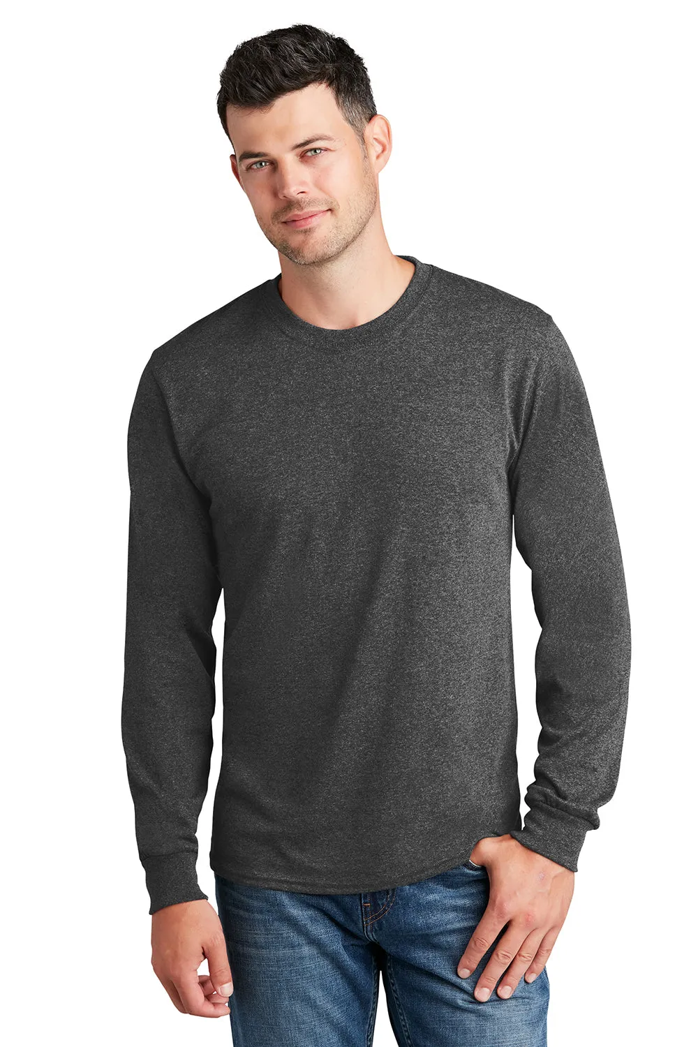 Port & Company Mens Core Long Sleeve Crewneck T-Shirt - Heather Dark Grey