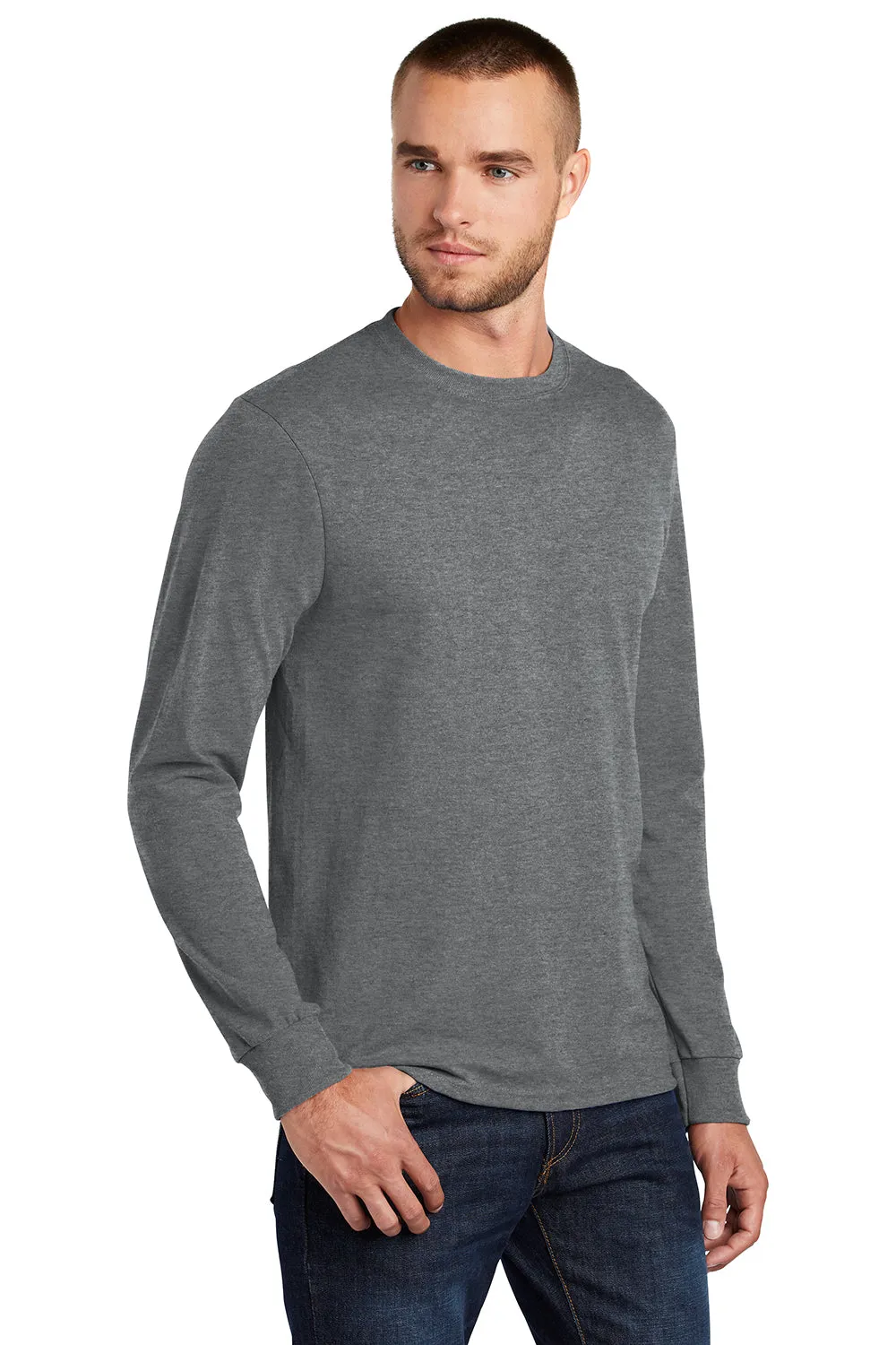 Port & Company Mens Core Long Sleeve Crewneck T-Shirt - Heather Grey