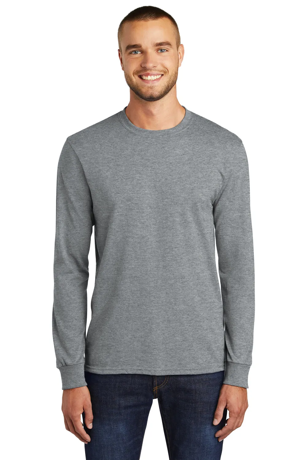 Port & Company Mens Core Long Sleeve Crewneck T-Shirt - Heather Grey