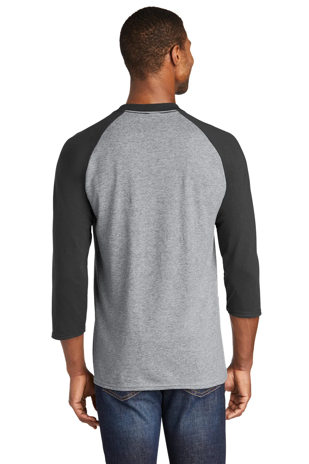 Port & Company Mens Core Moisture Wicking 3/4 Sleeve Crewneck T-Shirt - Heather Grey/Jet Black