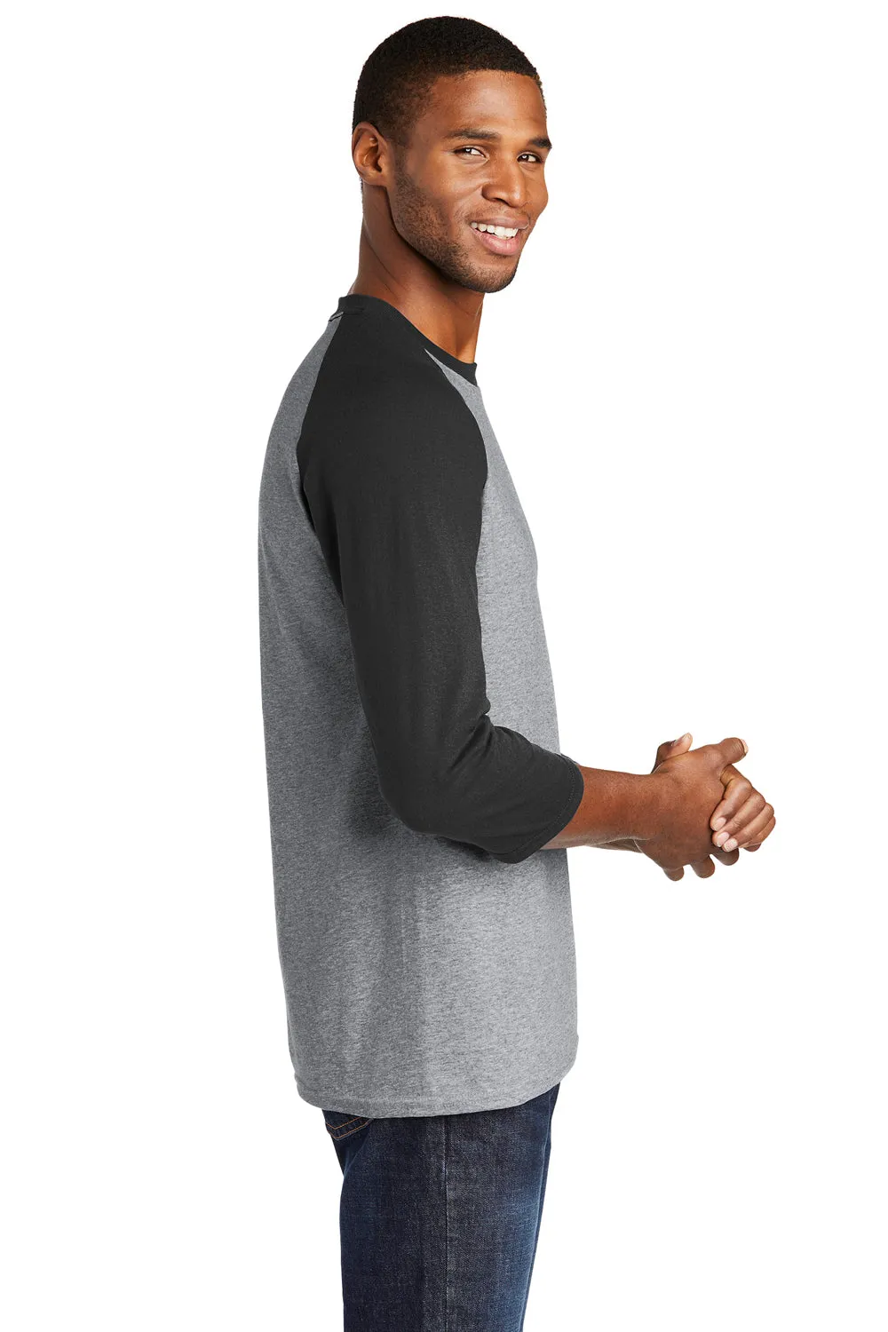 Port & Company Mens Core Moisture Wicking 3/4 Sleeve Crewneck T-Shirt - Heather Grey/Jet Black