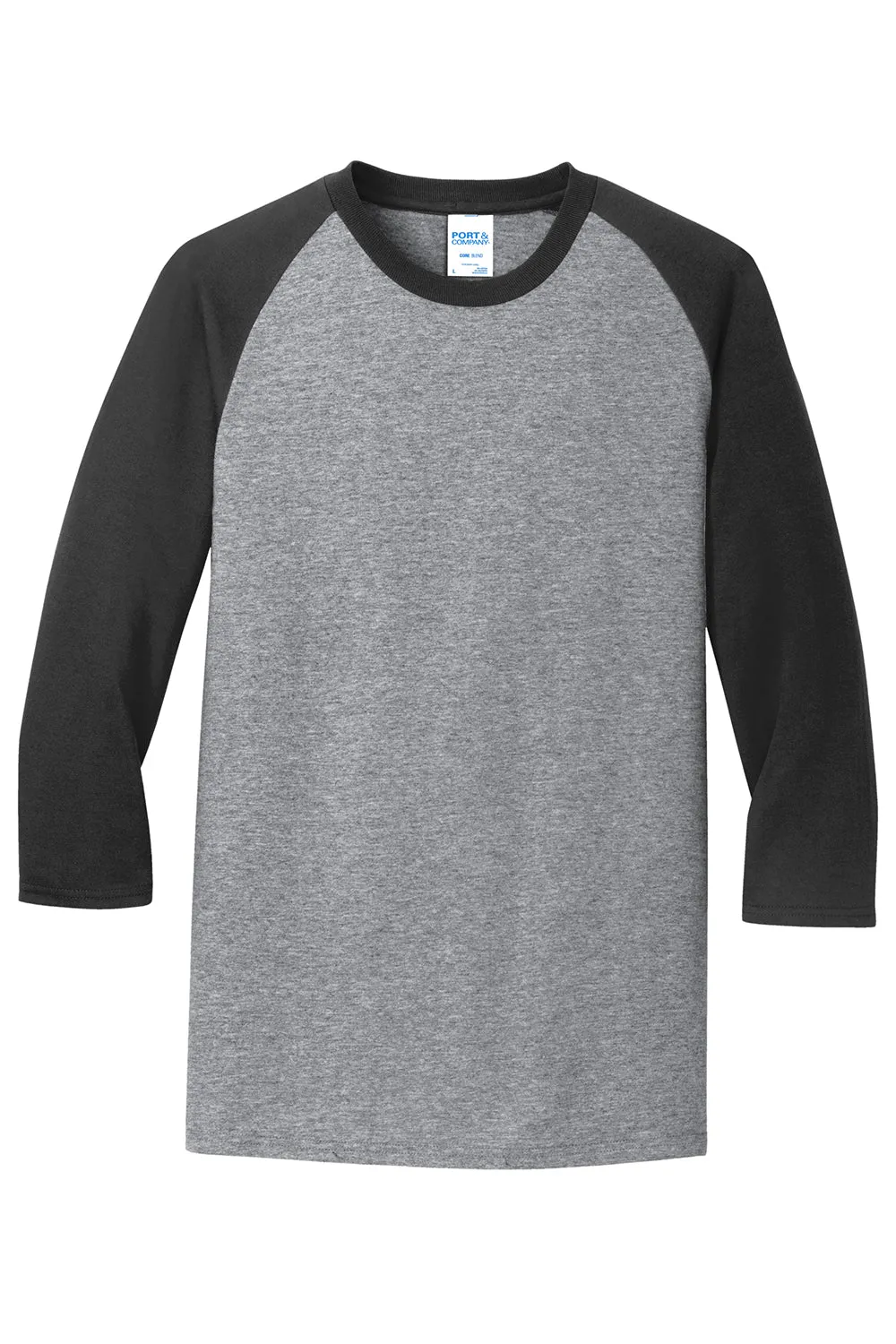 Port & Company Mens Core Moisture Wicking 3/4 Sleeve Crewneck T-Shirt - Heather Grey/Jet Black