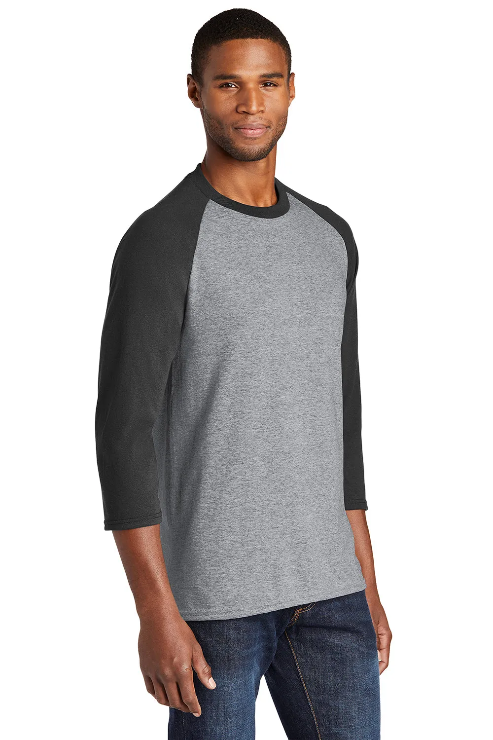 Port & Company Mens Core Moisture Wicking 3/4 Sleeve Crewneck T-Shirt - Heather Grey/Jet Black