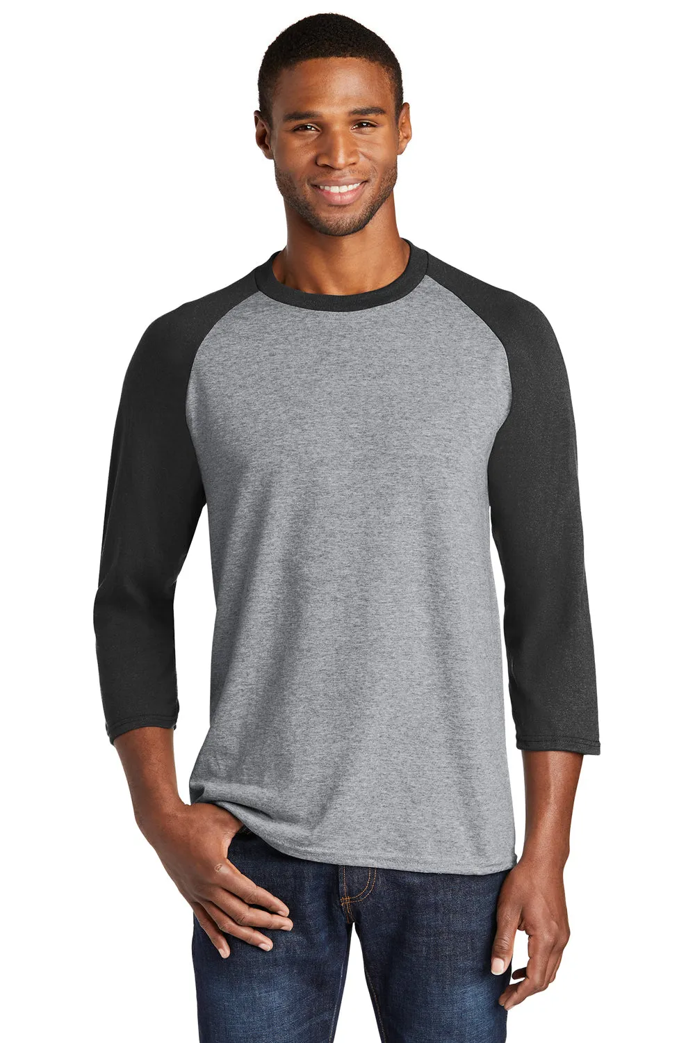 Port & Company Mens Core Moisture Wicking 3/4 Sleeve Crewneck T-Shirt - Heather Grey/Jet Black