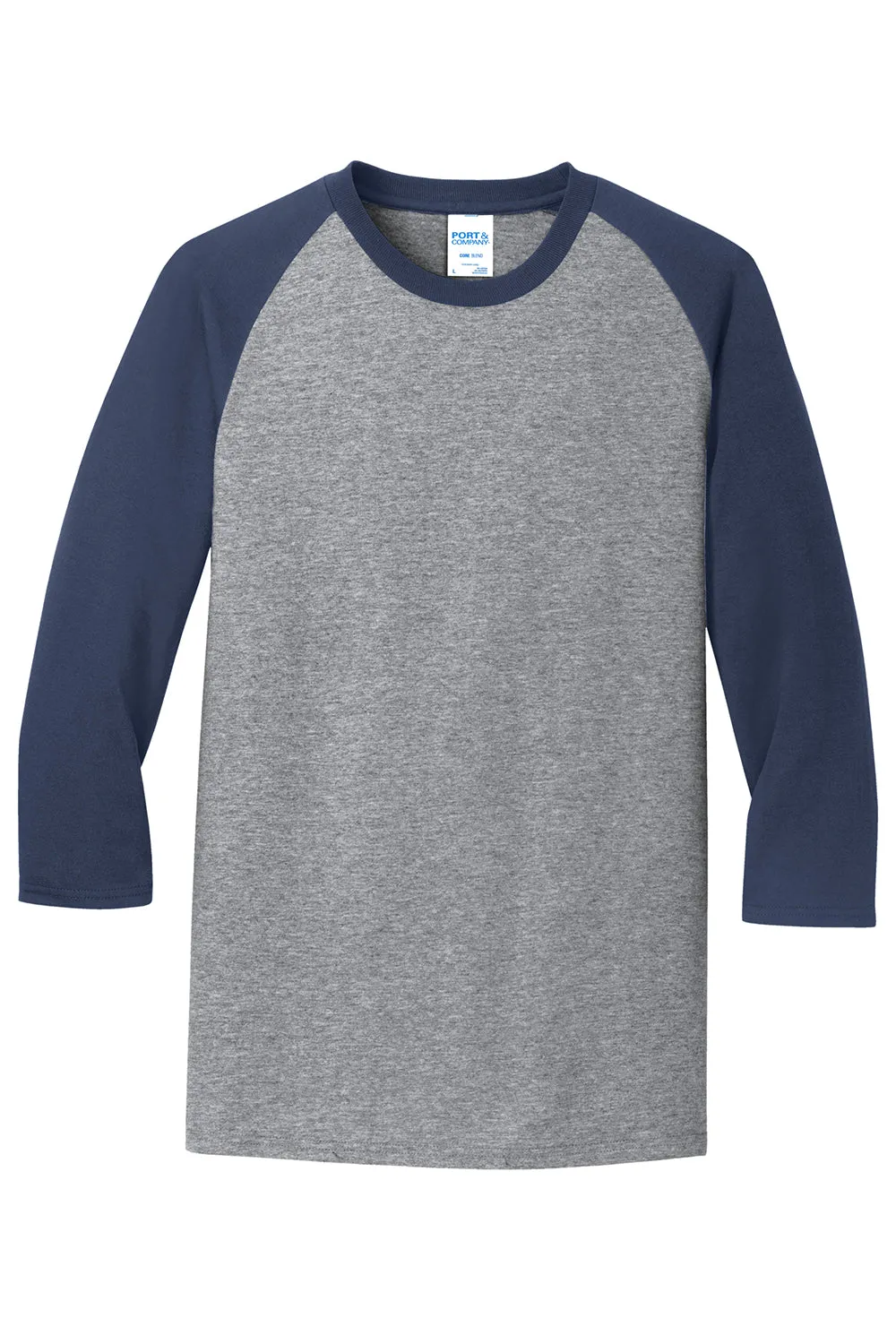 Port & Company Mens Core Moisture Wicking 3/4 Sleeve Crewneck T-Shirt - Heather Grey/Navy Blue