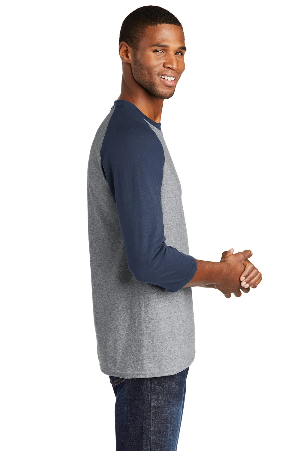 Port & Company Mens Core Moisture Wicking 3/4 Sleeve Crewneck T-Shirt - Heather Grey/Navy Blue