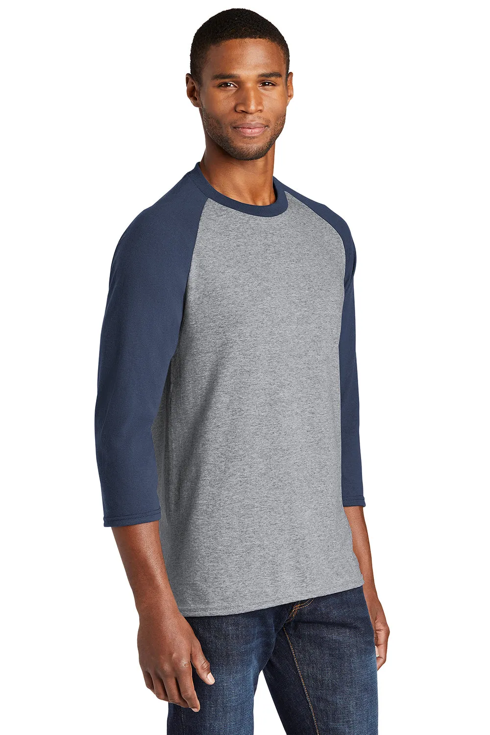 Port & Company Mens Core Moisture Wicking 3/4 Sleeve Crewneck T-Shirt - Heather Grey/Navy Blue