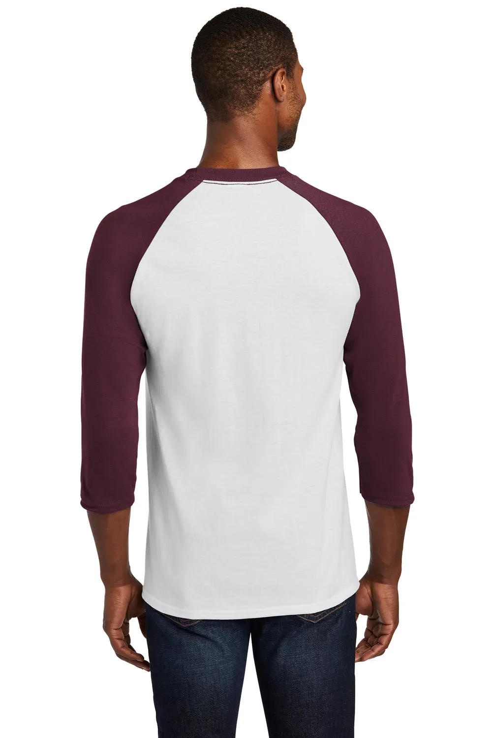 Port & Company Mens Core Moisture Wicking 3/4 Sleeve Crewneck T-Shirt - White/Athletic Maroon - Closeout