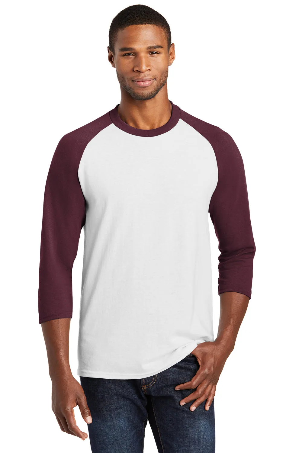 Port & Company Mens Core Moisture Wicking 3/4 Sleeve Crewneck T-Shirt - White/Athletic Maroon - Closeout
