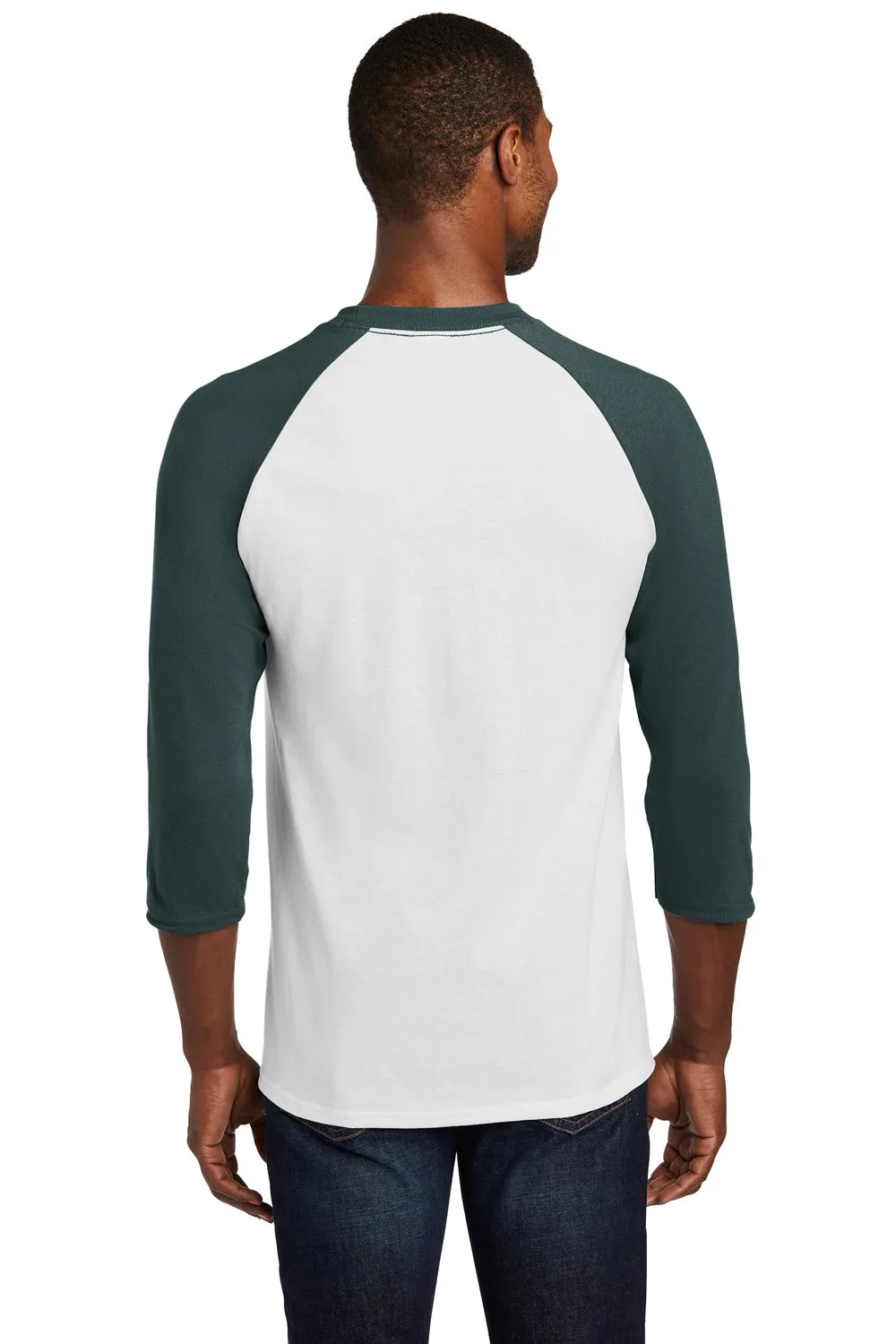 Port & Company Mens Core Moisture Wicking 3/4 Sleeve Crewneck T-Shirt - White/Dark Green - Closeout