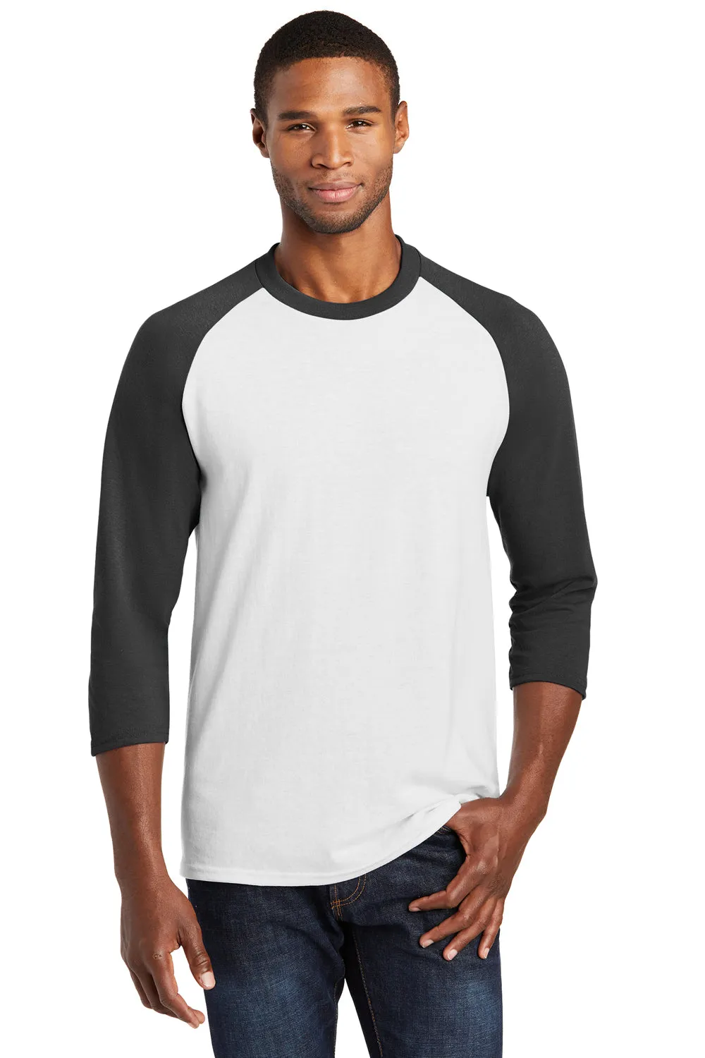 Port & Company Mens Core Moisture Wicking 3/4 Sleeve Crewneck T-Shirt - White/Jet Black