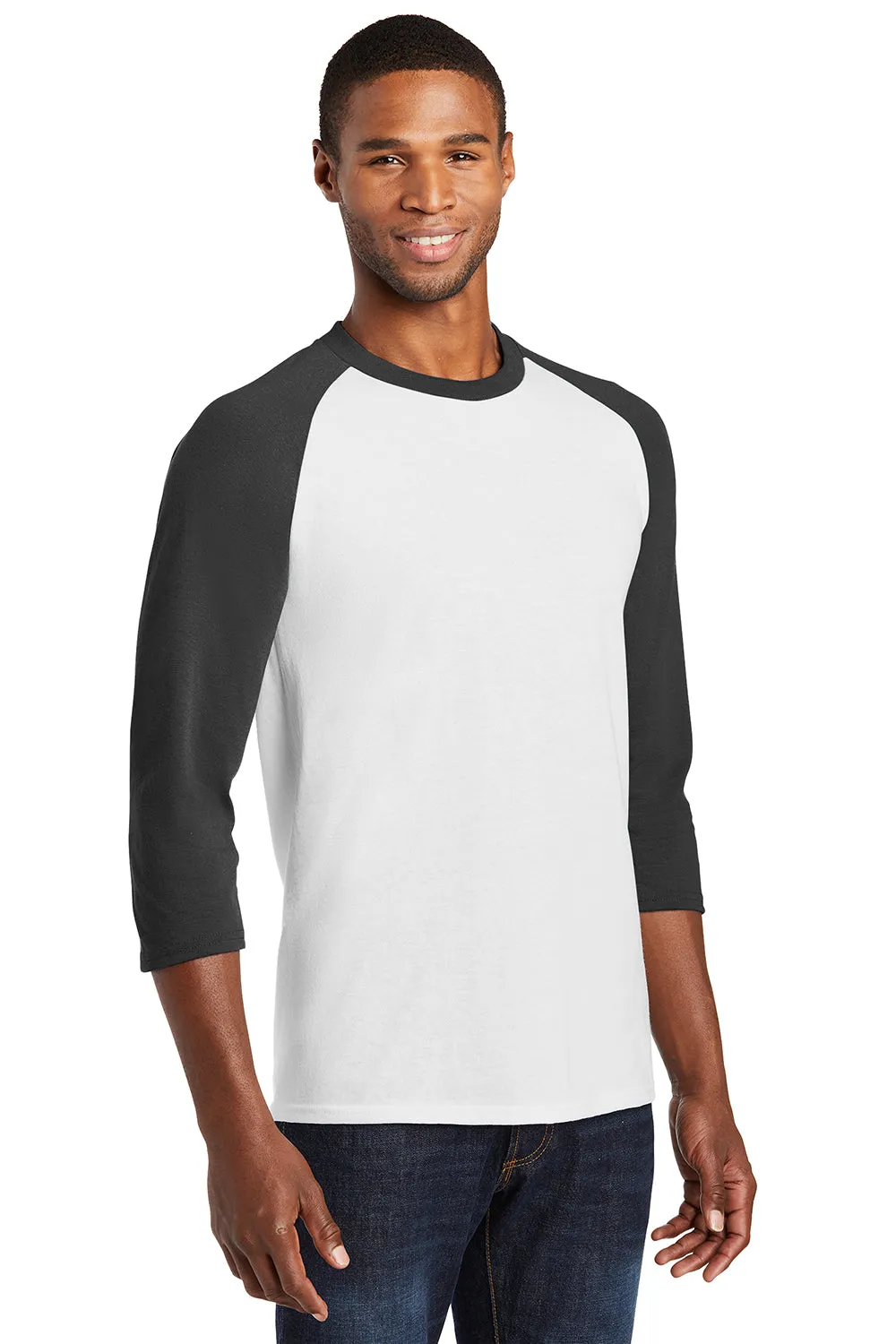 Port & Company Mens Core Moisture Wicking 3/4 Sleeve Crewneck T-Shirt - White/Jet Black