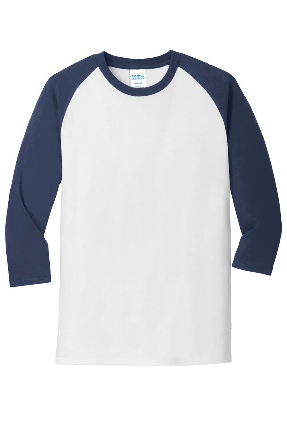 Port & Company Mens Core Moisture Wicking 3/4 Sleeve Crewneck T-Shirt - White/Navy Blue