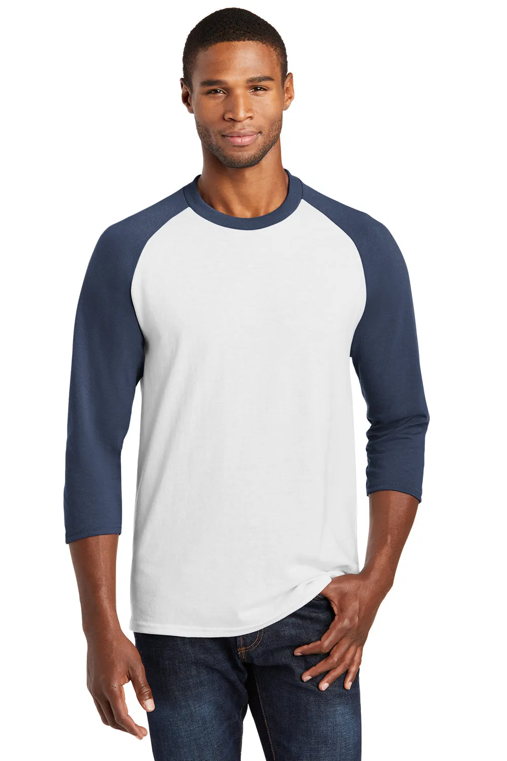Port & Company Mens Core Moisture Wicking 3/4 Sleeve Crewneck T-Shirt - White/Navy Blue