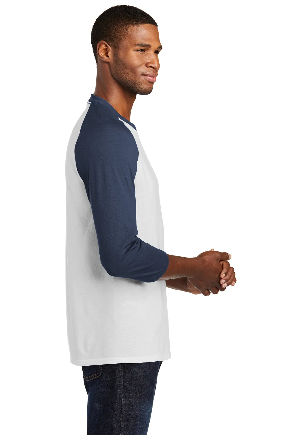Port & Company Mens Core Moisture Wicking 3/4 Sleeve Crewneck T-Shirt - White/Navy Blue