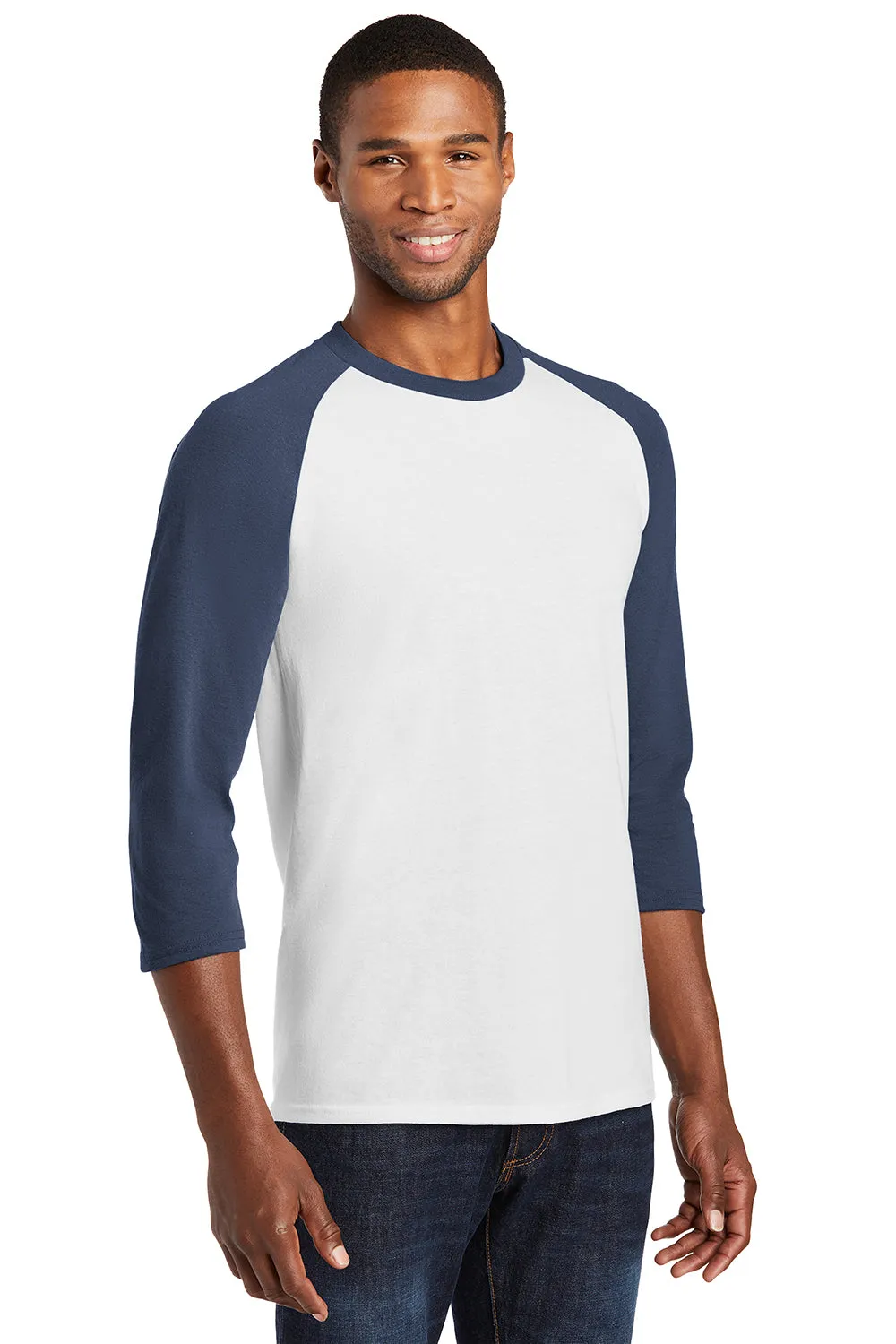 Port & Company Mens Core Moisture Wicking 3/4 Sleeve Crewneck T-Shirt - White/Navy Blue